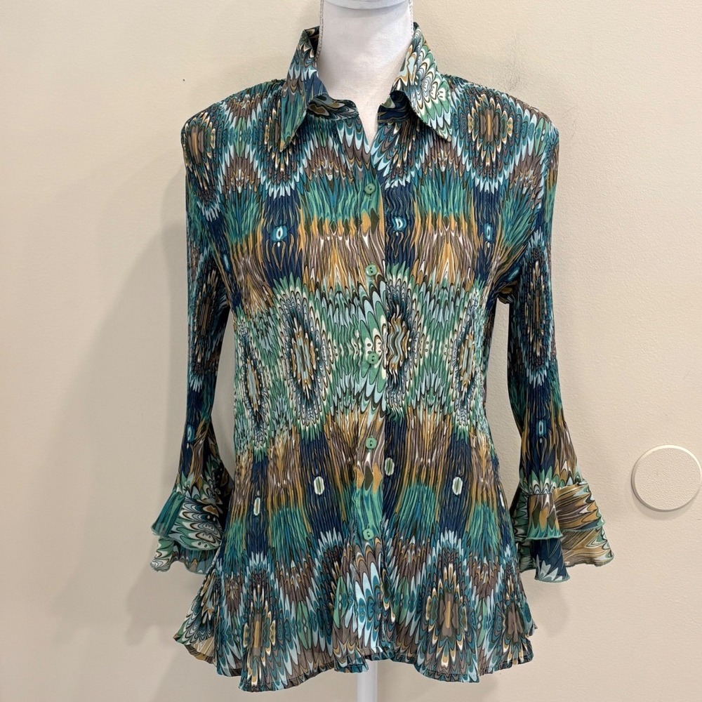 Y2K Essentials By Milano Green Teal Geometric Plissé Pleated Bell Sleeve Top M